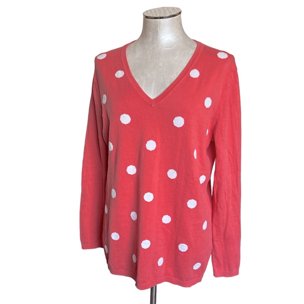 Tommy Hilfiger Women Pink Polka Dot V-Neck Cotton Jacquard Knit Sweater Logo L